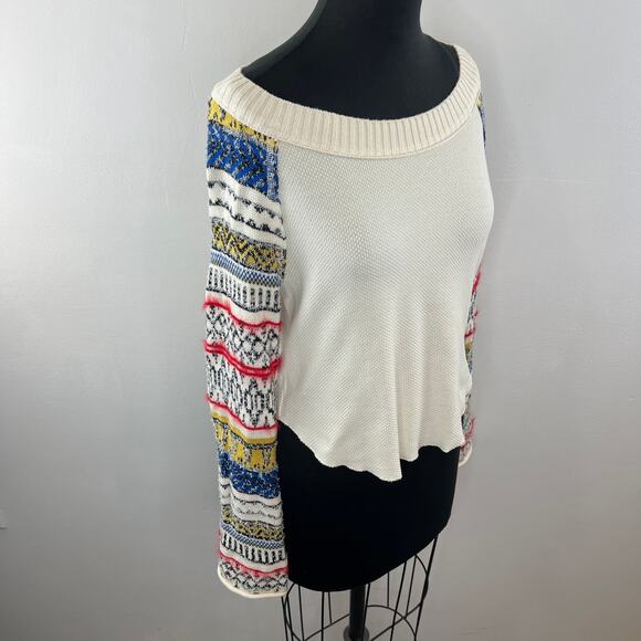 FREE PEOPLE Fairground Patterned Wide Neck Thermal Top Ivory Art Sleeves Boho S - Picture 6 of 10